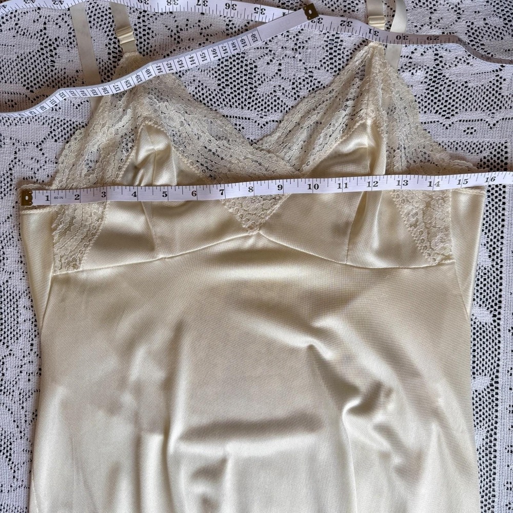 Ivory Satin Slip Nightgown Lace Trim V-Neck Adjustable Straps Lace Hem Coquette - Picture 11 of 14
